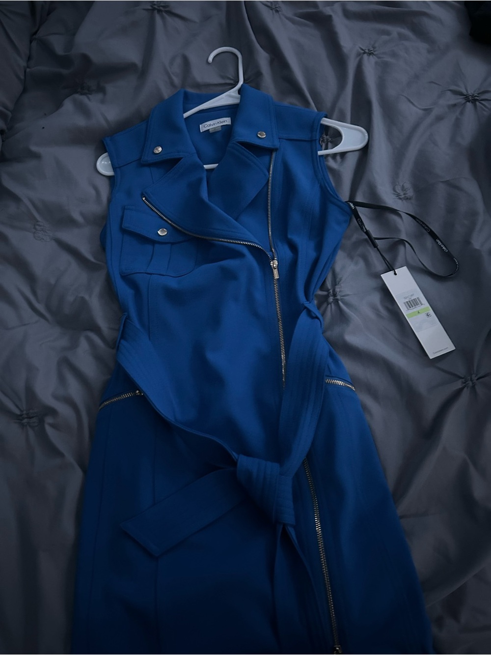 Calvin Klein Electric Blue Sleeveless Zip-Front Dress with Belt